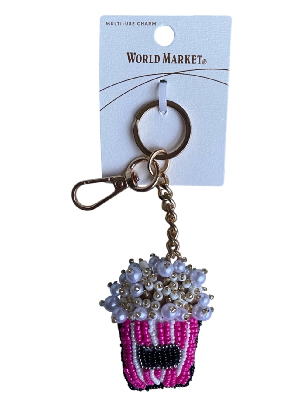 Pink Beaded Cupcake/Popcorn Keychain Charm with White Pearled Top - World Market